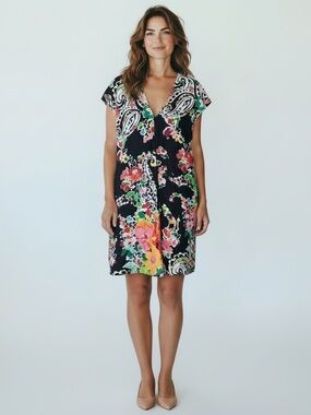 Ralph Lauren LRL Art Floral Inverted‎ Pleat VNeck  Knee Length Shift Dress